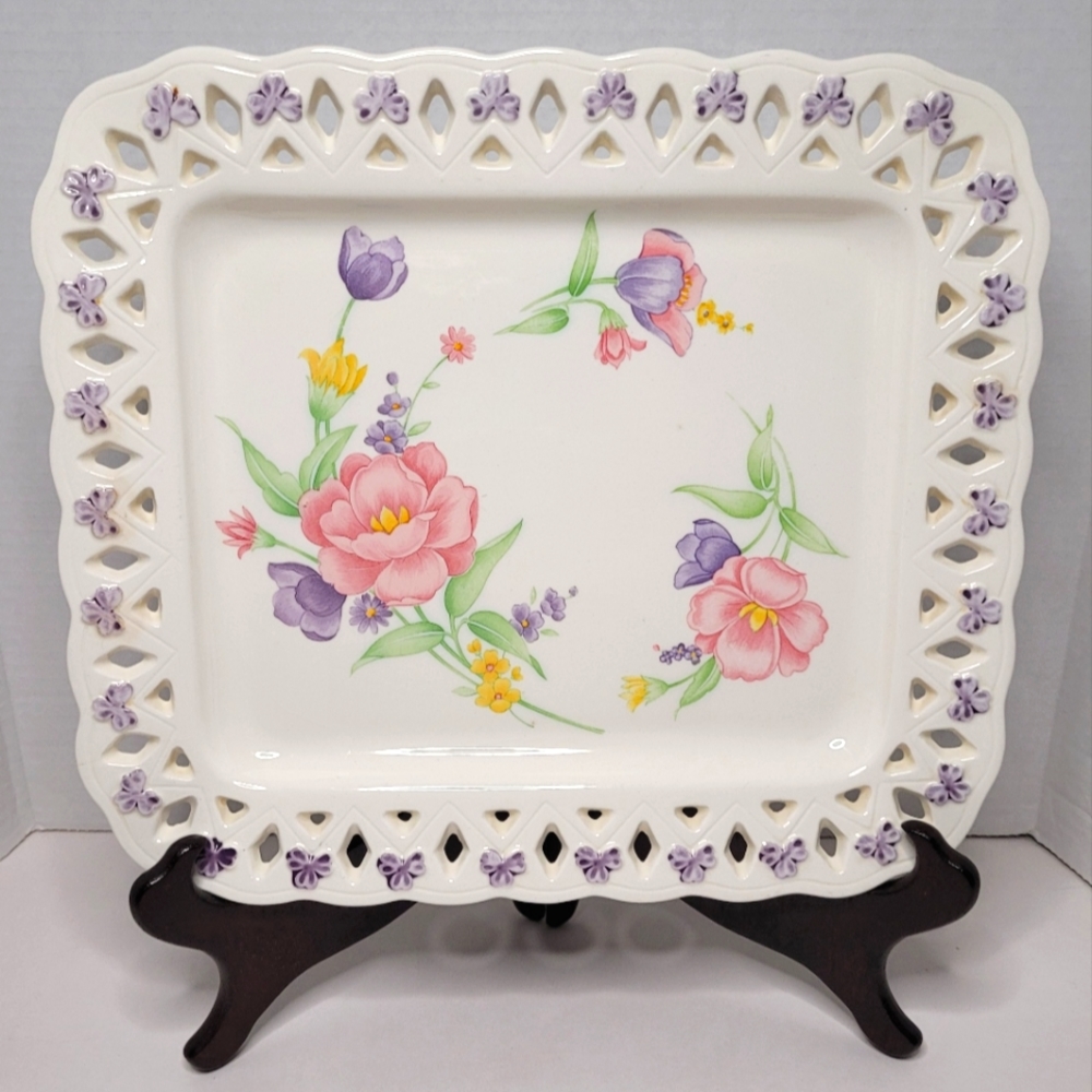 Japan Tominaga Mariner Lovely Reticulated Pastel Floral Vintage Serving Platter